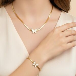 18K Gold Plated Butterfly Mother Of Pearl necklace SET Stainless womens Jewelry